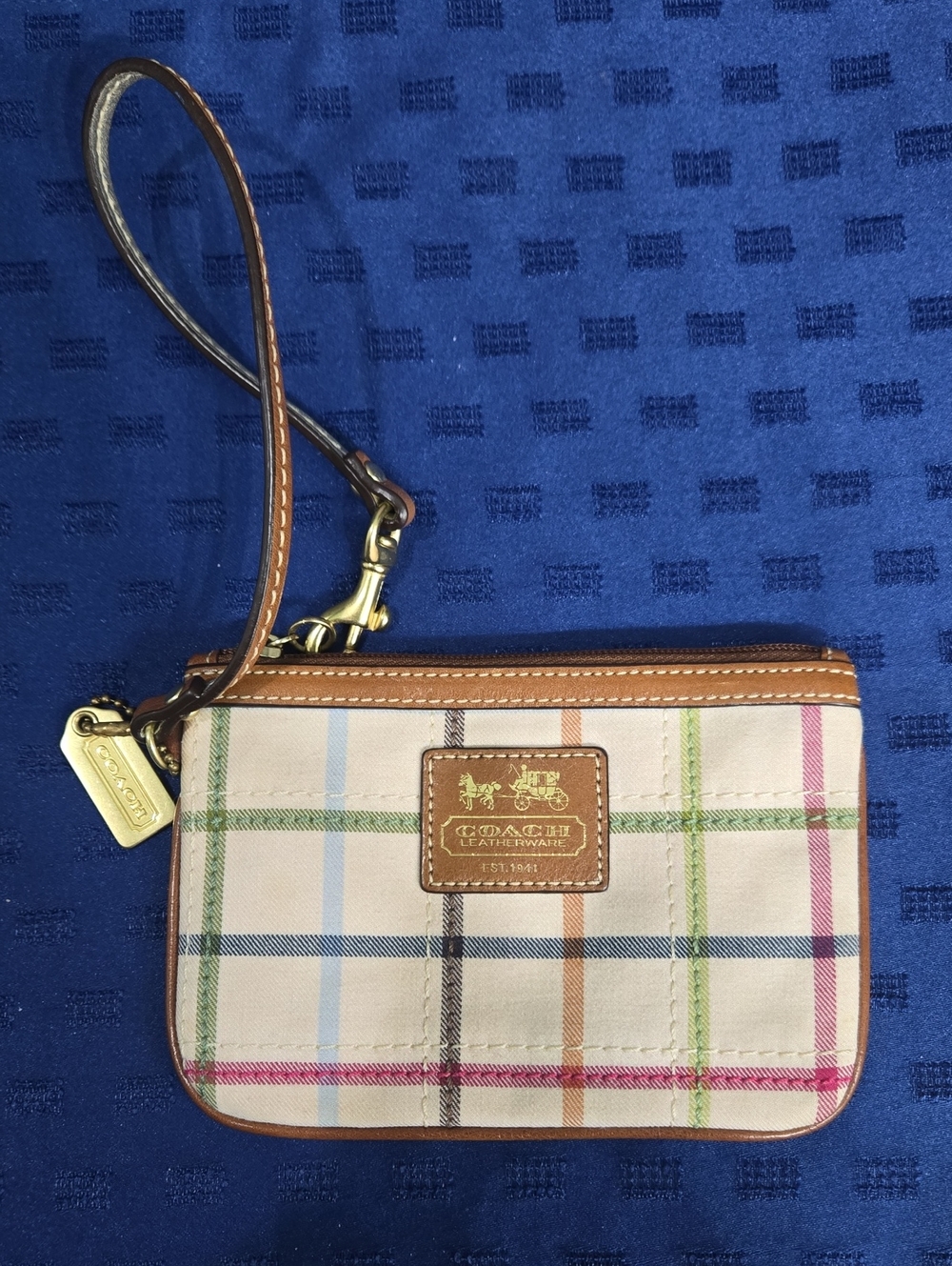 Coach Tattersall Canvas Wristlet with Tan Leather Trim